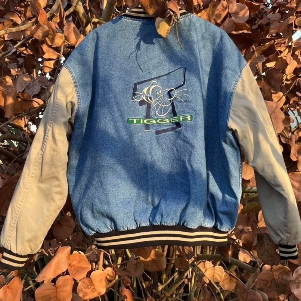 Vtg Vintage Disney Parks Tigger varsity letterman bomber denim jacket XL